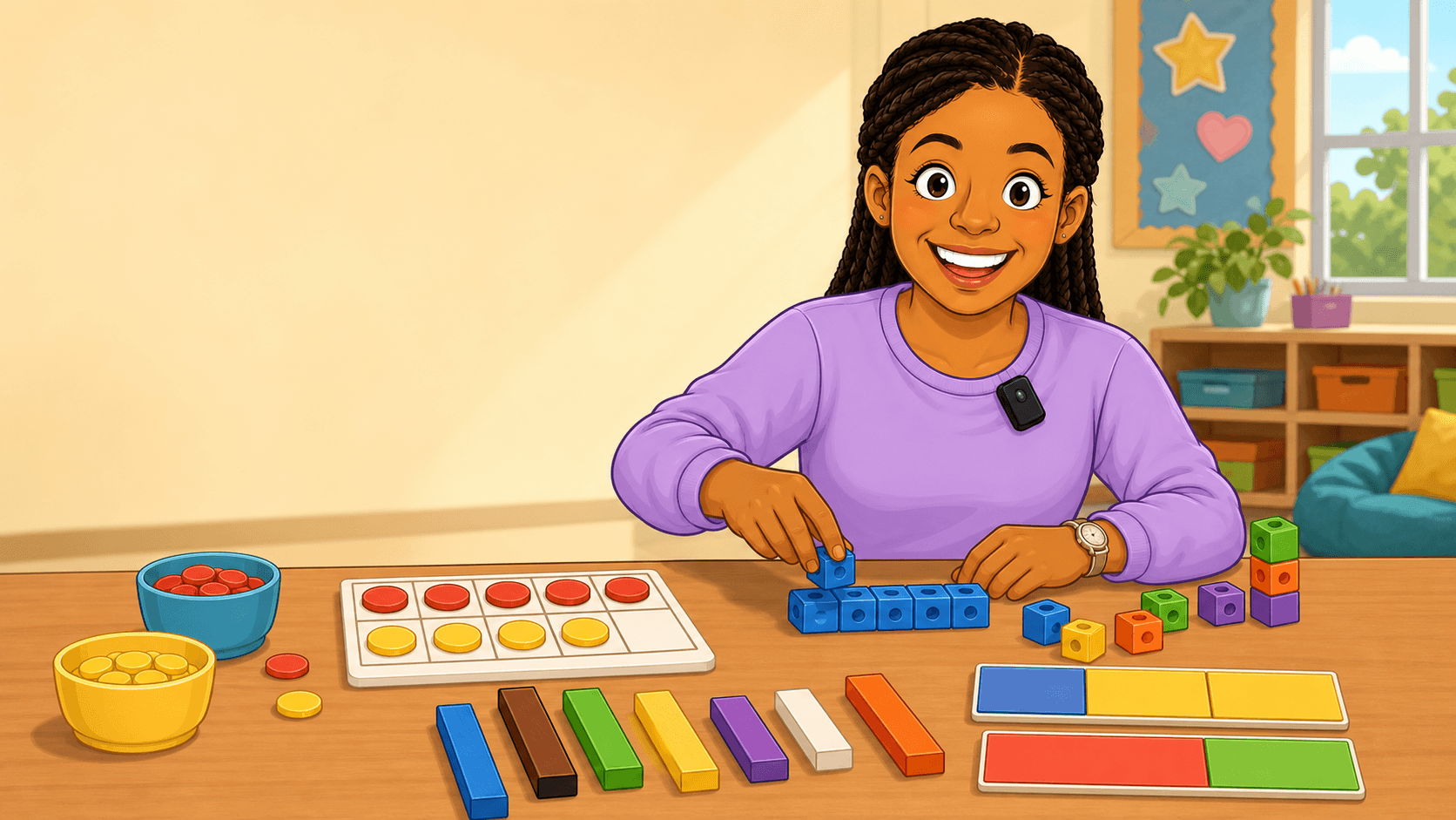 Math Mom exploring counters, connecting cubes, a ten-frame, and relationship rods at an activity table